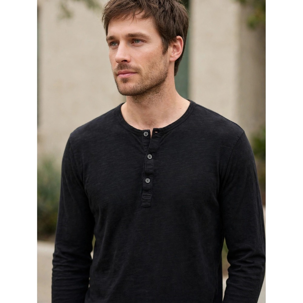 Theory Arlee L Strato Mens Black Cotton Slub Long Sleeve Henley Shirt M H1194514